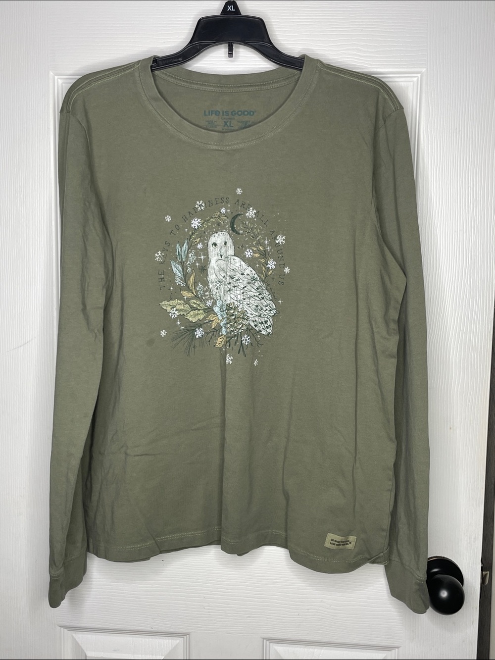 Life Is Good Olive Green Long Sleeve Tee with Owl Graphic. Size XL